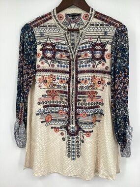 John Mark Cream Embroidered Boho Blouse with Navy Floral Sleeves